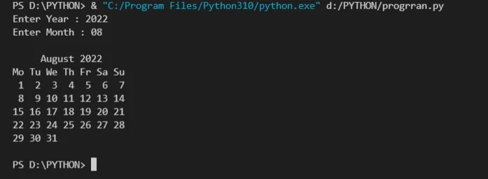 Python program to print a calendar&nbsp;
